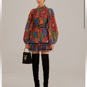 Farm rio black stitched flowers long sleeve mini dress